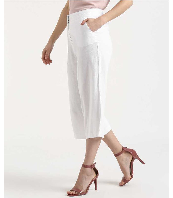 Relaxed Women White Cotton Linen Blend Trousers - Image 2