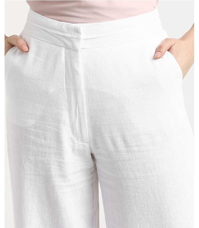 Relaxed Women White Cotton Linen Blend Trousers - Image 4