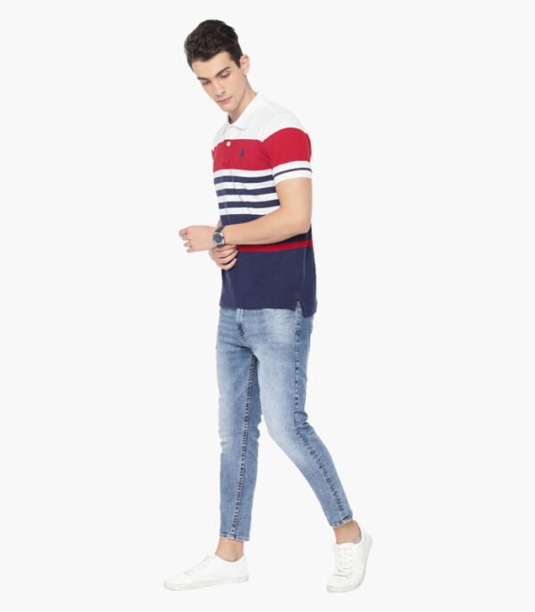 Men White & Navy Blue Striped Polo T-shirt - Image 5