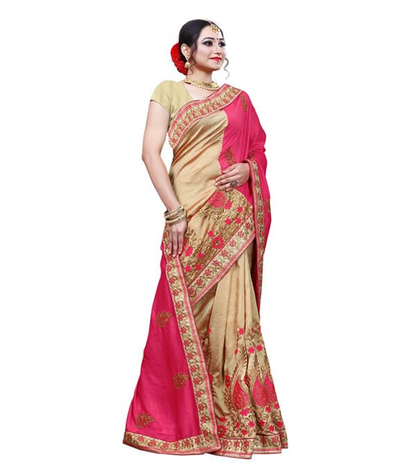 Woven Bollywood Jacquard Saree  (Pink, Cream) - Image 4